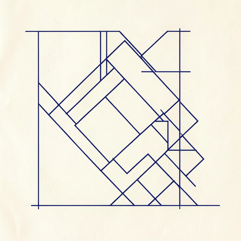 A clean architectural line drawing in deep navy ink on cream paper, showing a structured geometric layout with precise angles and open spaces.