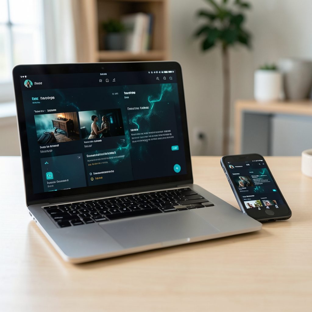 A close-up of a laptop and smartphone side by side on a light wood desk, both screens showing a dark media interface with teal highlights, in a calm home setting.
