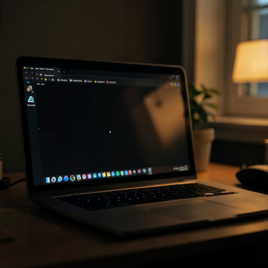 A dark browser window on a dimly lit desk, warm amber glow reflecting off the screen, moody and cinematic atmosphere
