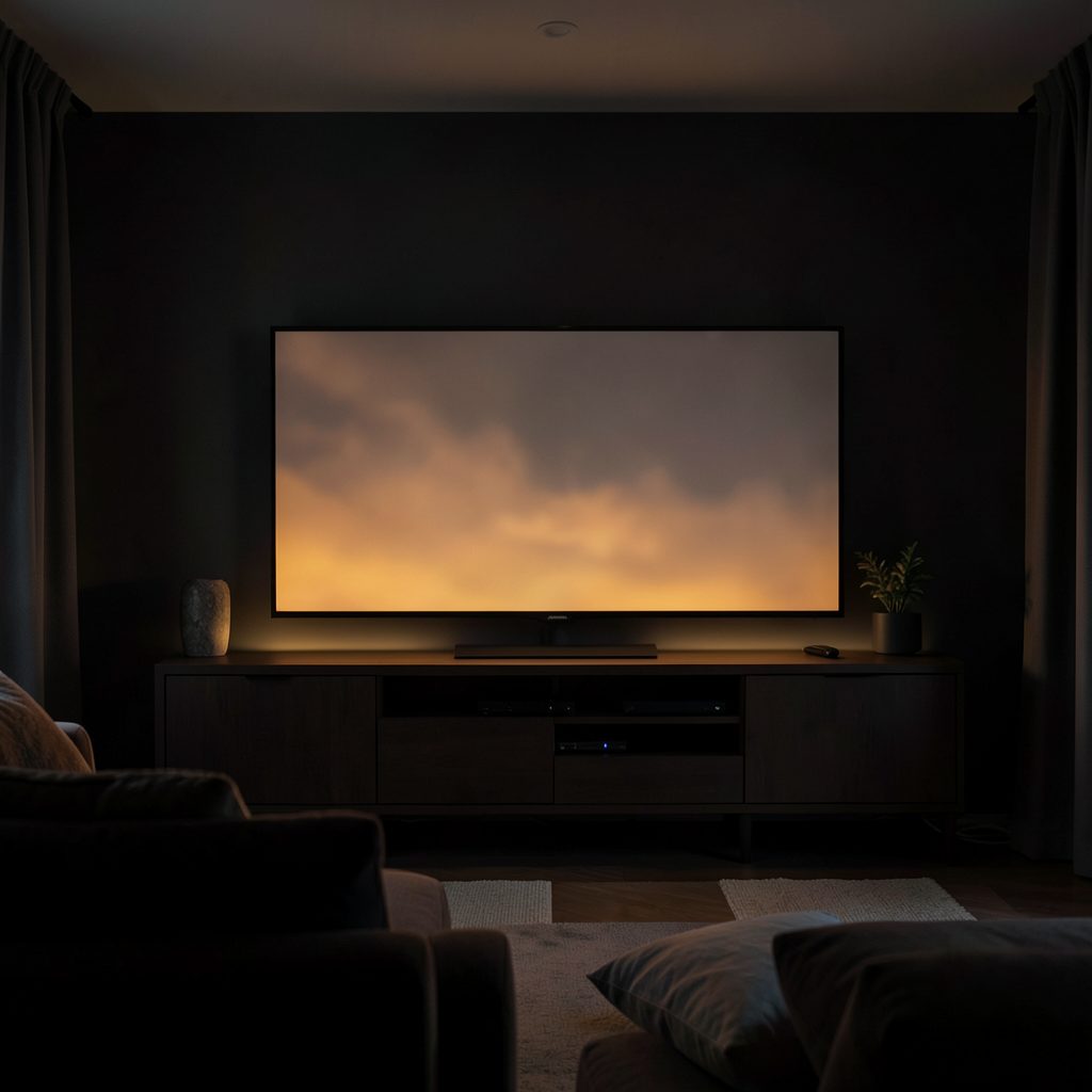 A dark living room with a large flatscreen television glowing softly, warm amber and deep charcoal tones