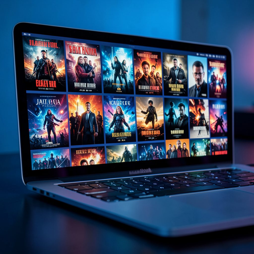 A Mac laptop screen displaying a colorful movie poster grid, cool blue and vibrant accent tones
