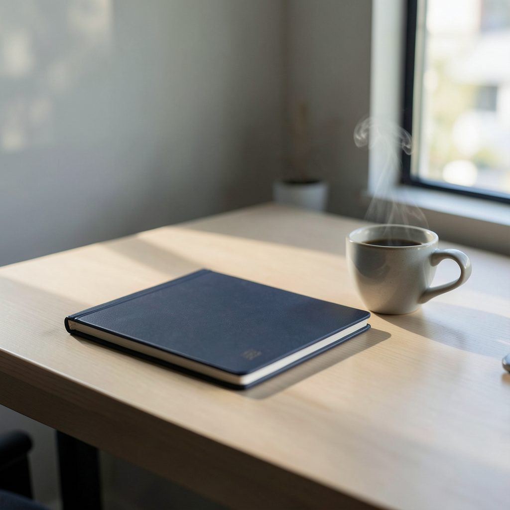A muted portrait-style image of a modern workspace with a dark navy notebook, a steaming cup, and soft natural light falling across a clean desk surface.