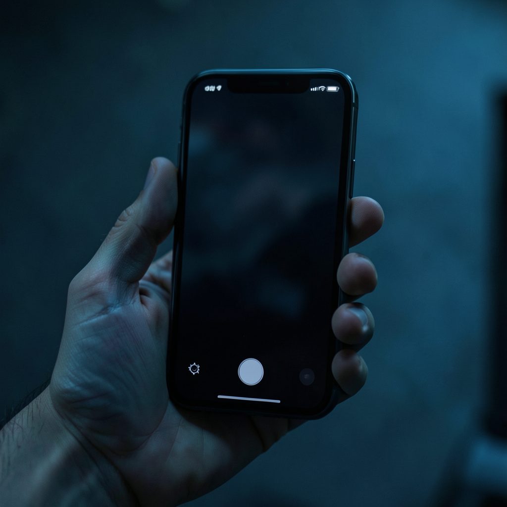 A sleek iPhone held in hand with a dark cinematic interface on screen, moody blue and charcoal tones