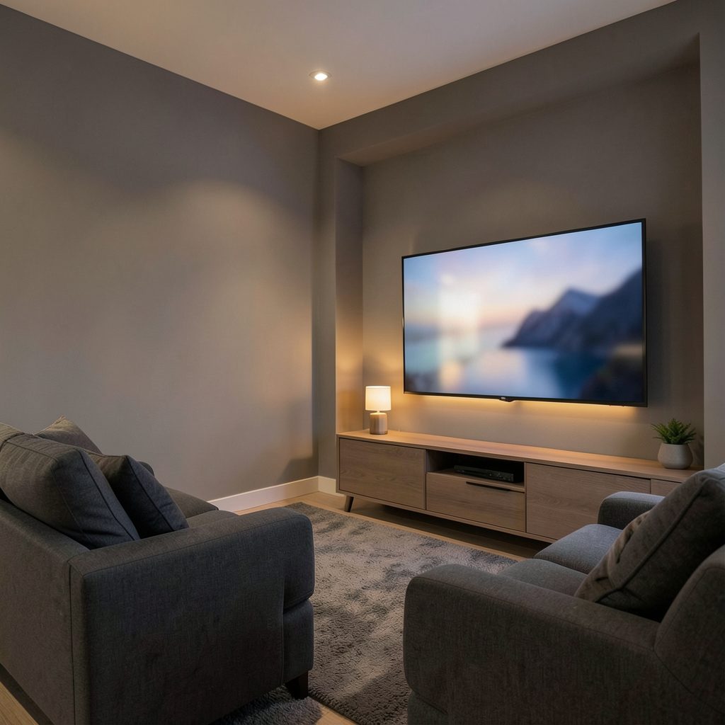 A softly lit interior scene with warm grey walls, a large flatscreen television displaying a subtle glow, and comfortable seating in muted charcoal tones.