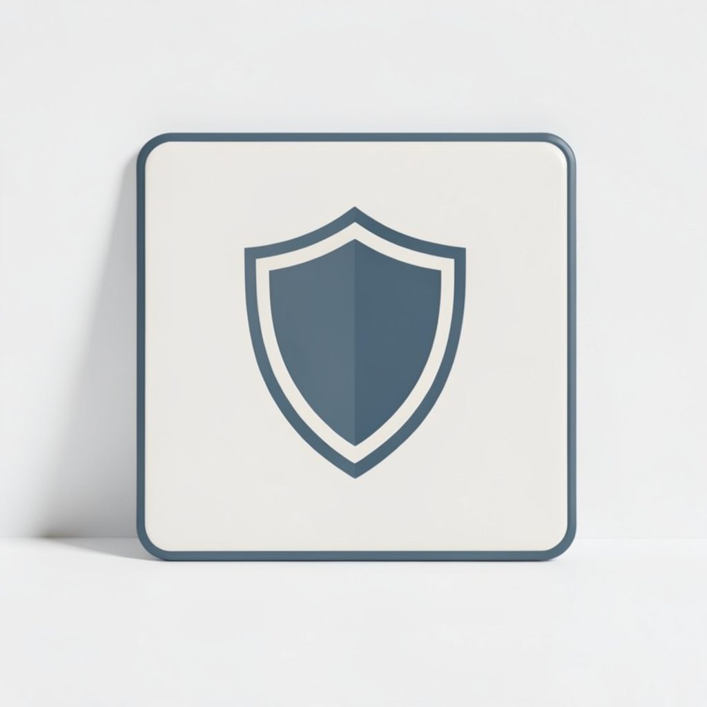 A square badge with a minimalist shield icon in slate blue and off-white, suggesting trust and security.