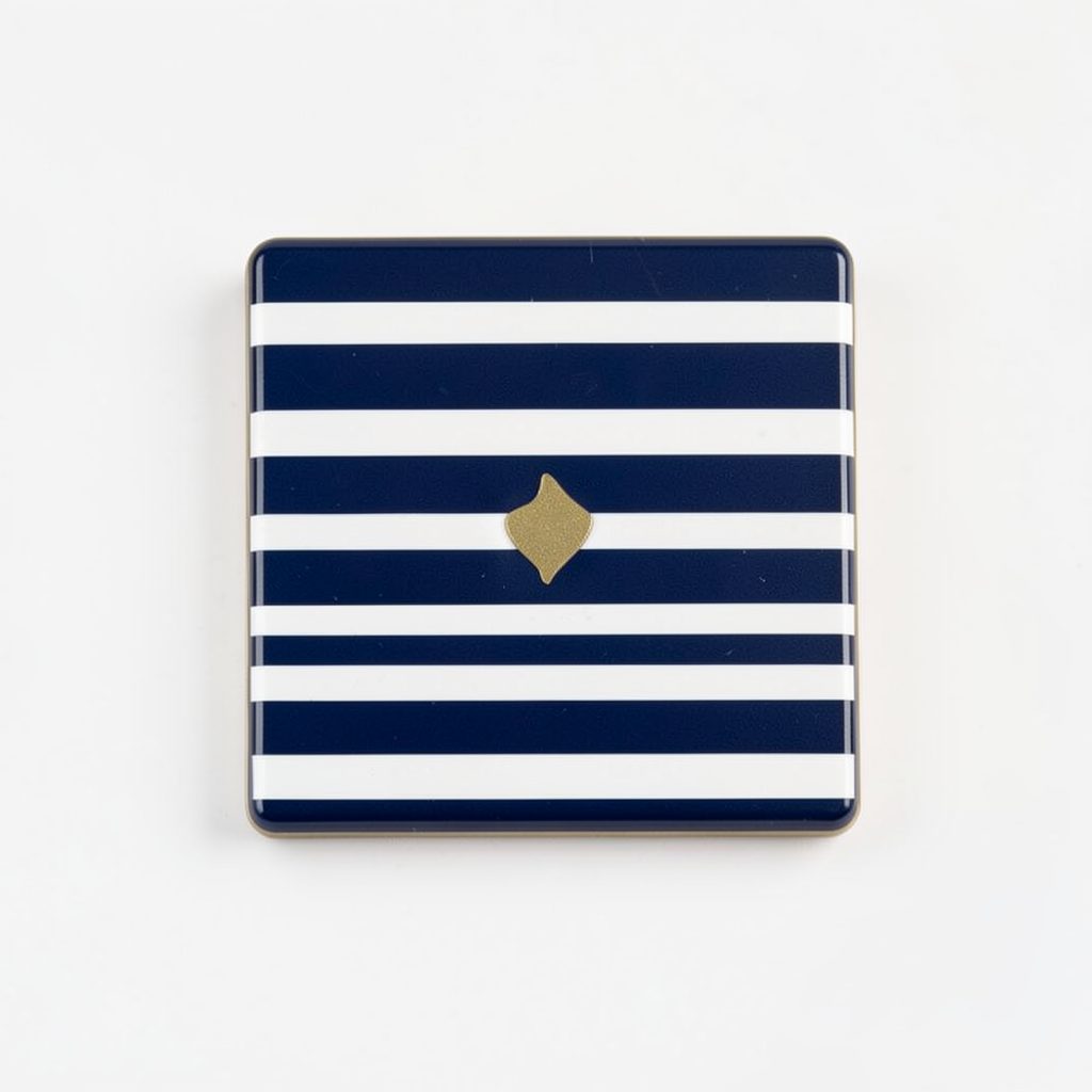 A square badge with horizontal navy stripes and a small accent mark in muted gold, conveying quality standards.