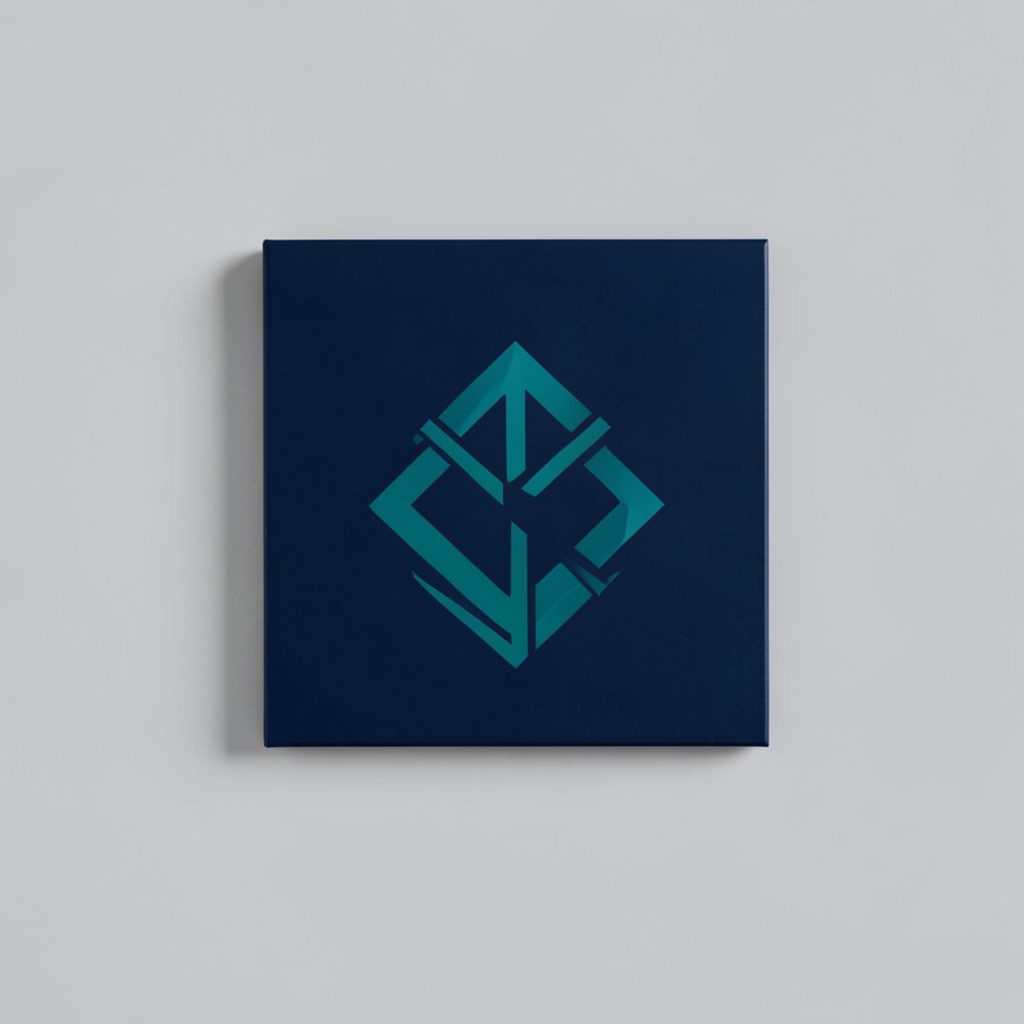A square certification-style badge in deep navy and teal with a subtle geometric emblem, on a light grey background.