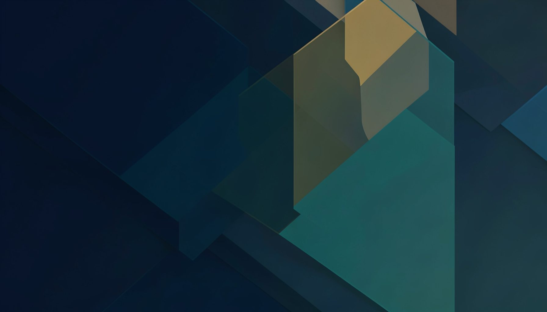 Abstract digital composition with overlapping translucent panels in deep navy, teal, and muted gold, suggesting layers of software and connectivity