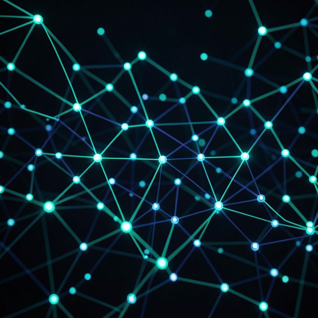 Abstract network of glowing nodes and connections in teal and navy, suggesting peer-to-peer data flow