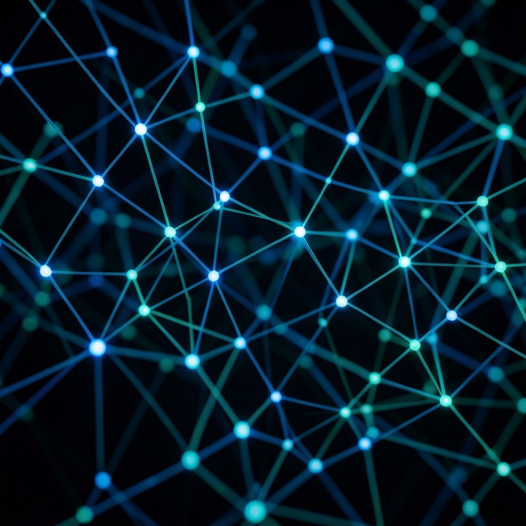Abstract network of glowing nodes and connections in deep blue and teal against a dark background, suggesting digital streaming technology