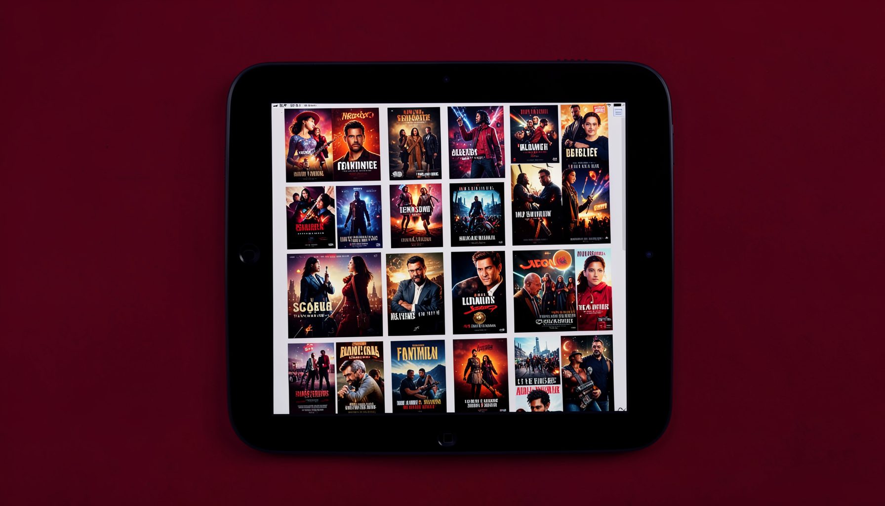 An iPad displaying a grid of movie poster thumbnails, rich crimson and deep navy palette