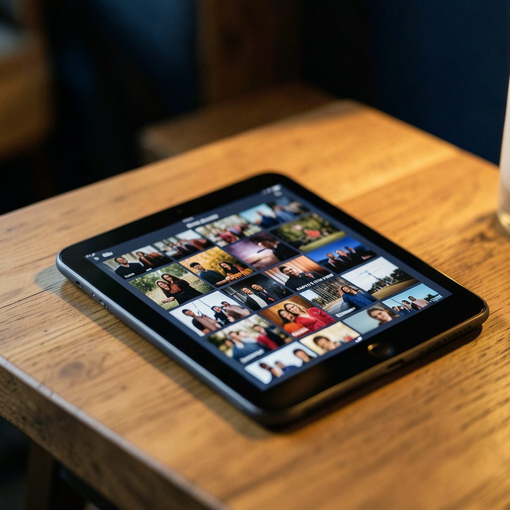 An iPad resting on a wooden table displaying a film library grid, warm amber and deep navy ambiance
