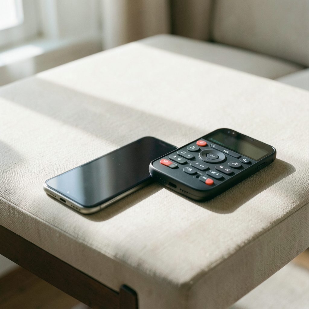 An iPhone resting beside a TV remote on a coffee table, soft natural light and neutral beige tones