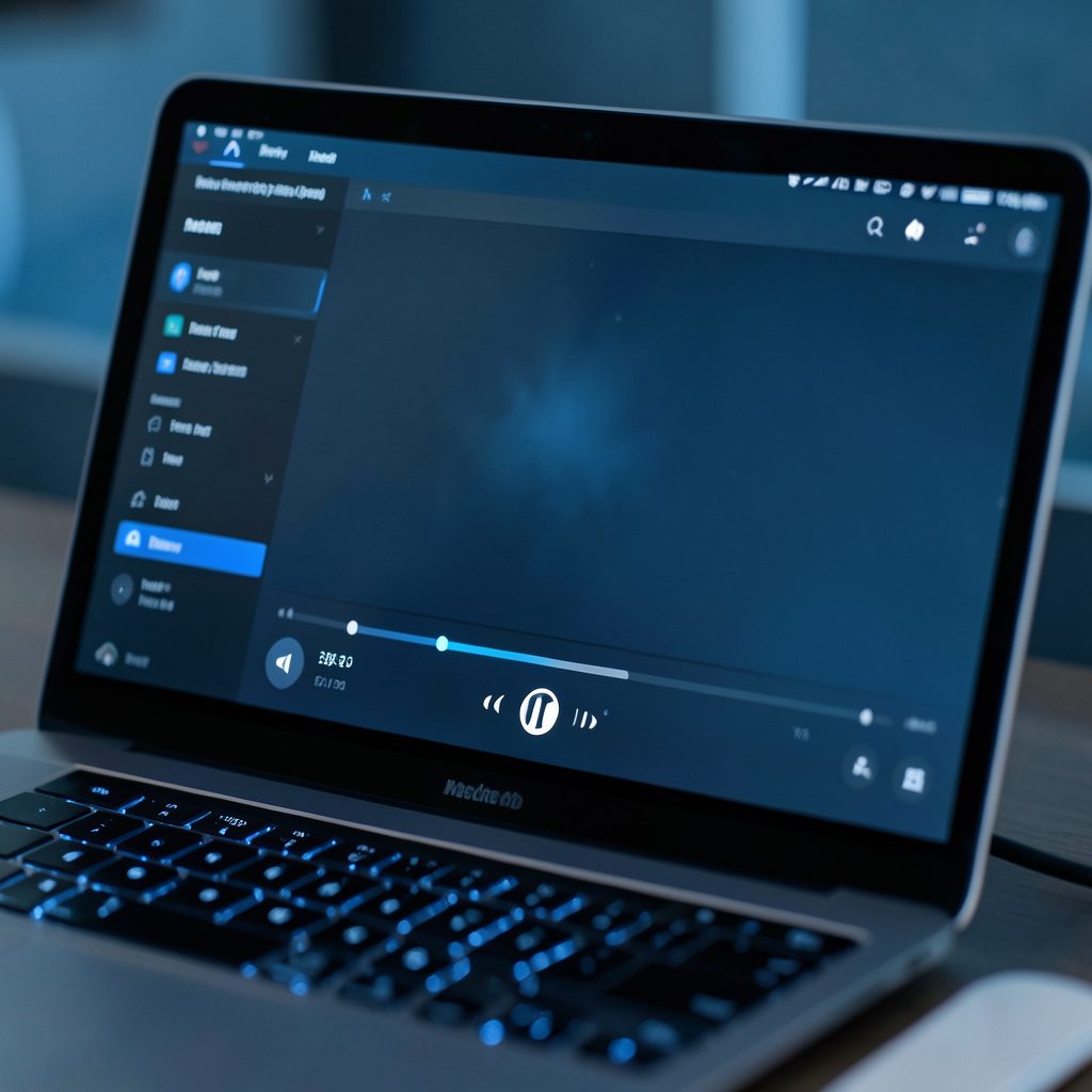 Close-up of a laptop screen displaying a sleek media player interface, cool blue and charcoal tones