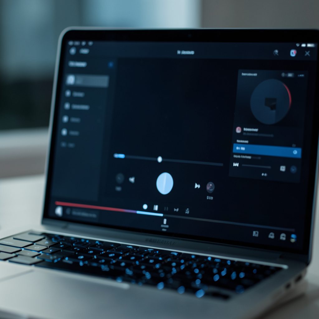 Close-up of a laptop screen displaying a sleek media player interface in dark tones with subtle blue highlights