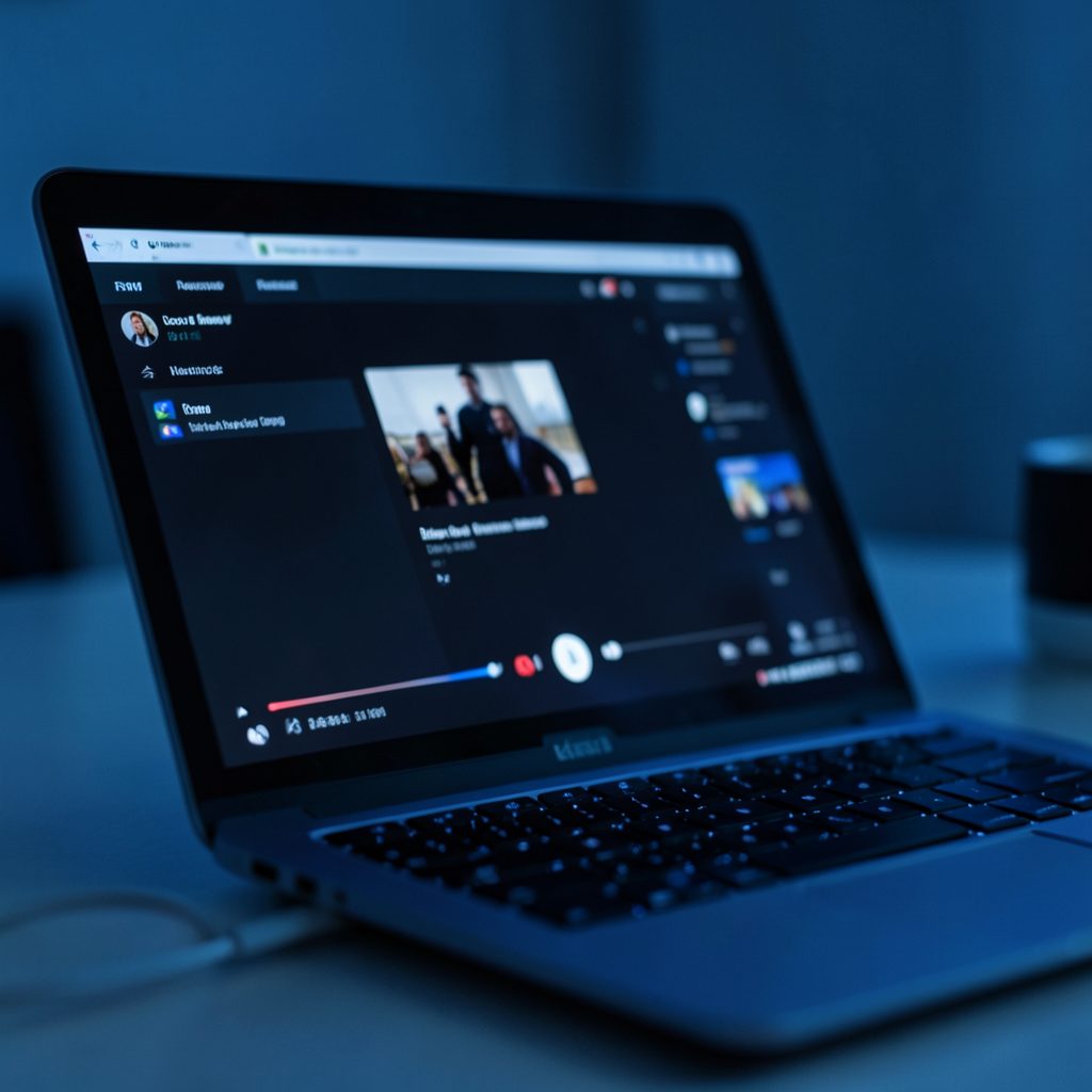 Close-up of a laptop screen glowing with a dark media-player interface against a dim room, cool blue tones