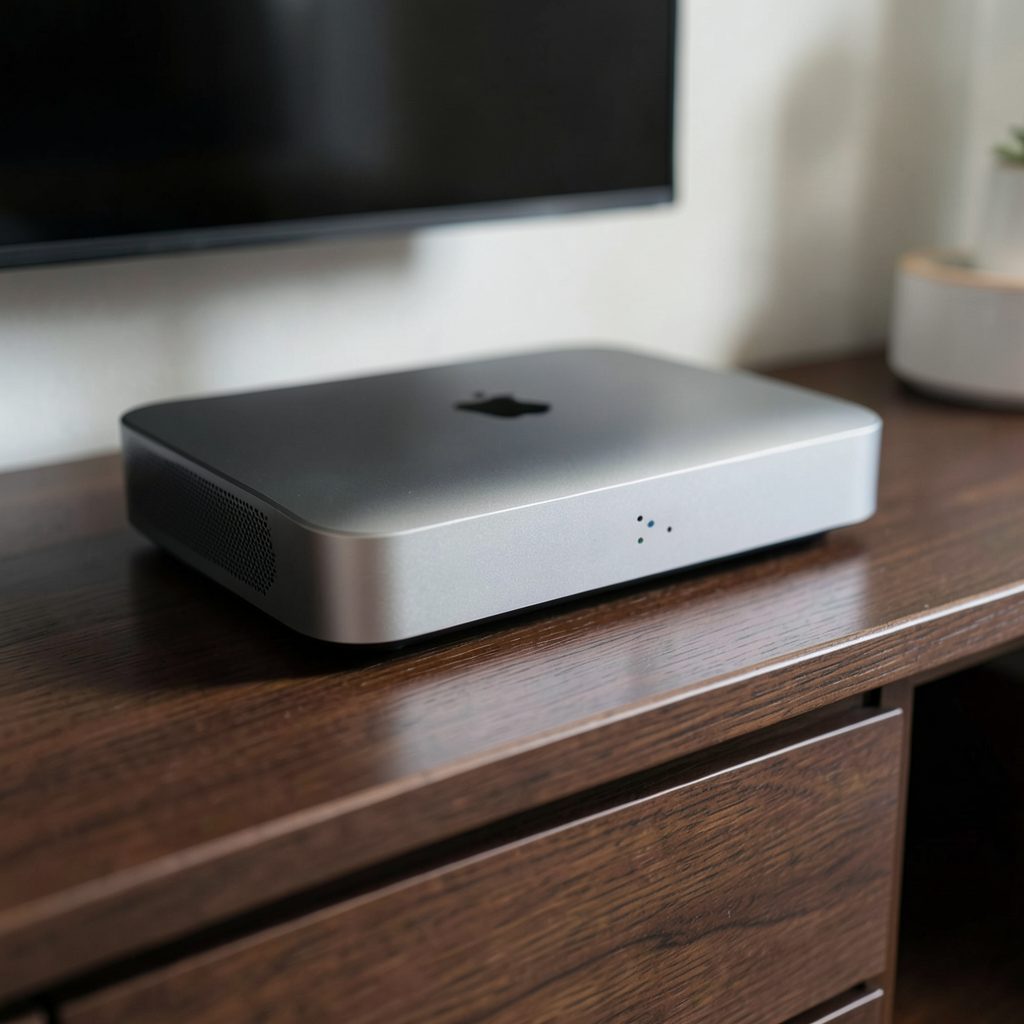 Close-up of a sleek Apple TV streaming box on a wooden media console, muted silver and dark wood hues