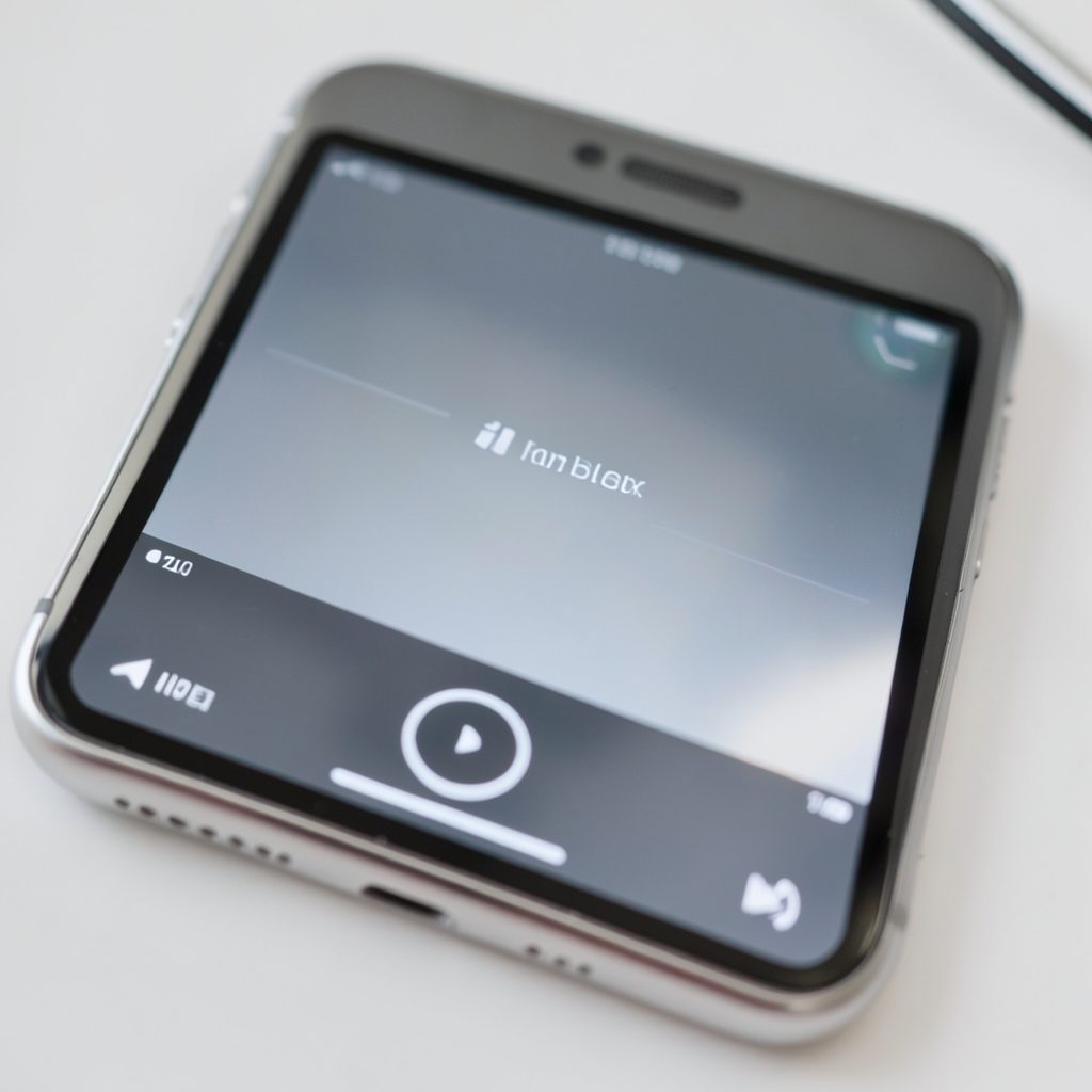 Close-up of an iPod touch screen showing a video player interface, soft silver and slate gray palette