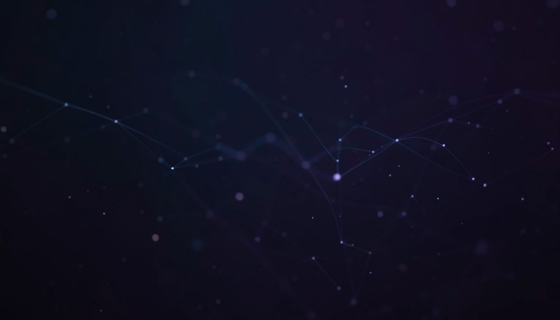 Dark atmospheric background with deep indigo and muted violet tones, subtle luminous particles suggesting data flow through a network