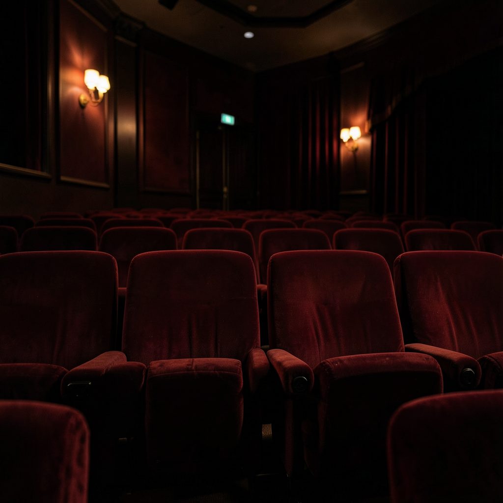 Dark cinema interior with deep red velvet seats and soft amber lighting, evoking a classic movie theater atmosphere