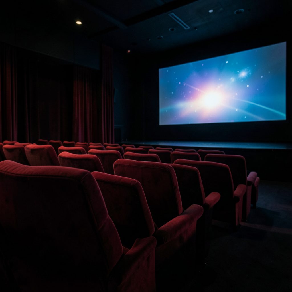 Dark cinema interior with deep red velvet seats and a glowing screen, moody and atmospheric