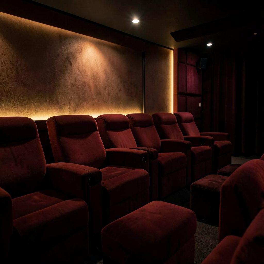 Dark cinema-style interior with deep red seating and soft amber wall lighting, conveying a cozy home-theater atmosphere