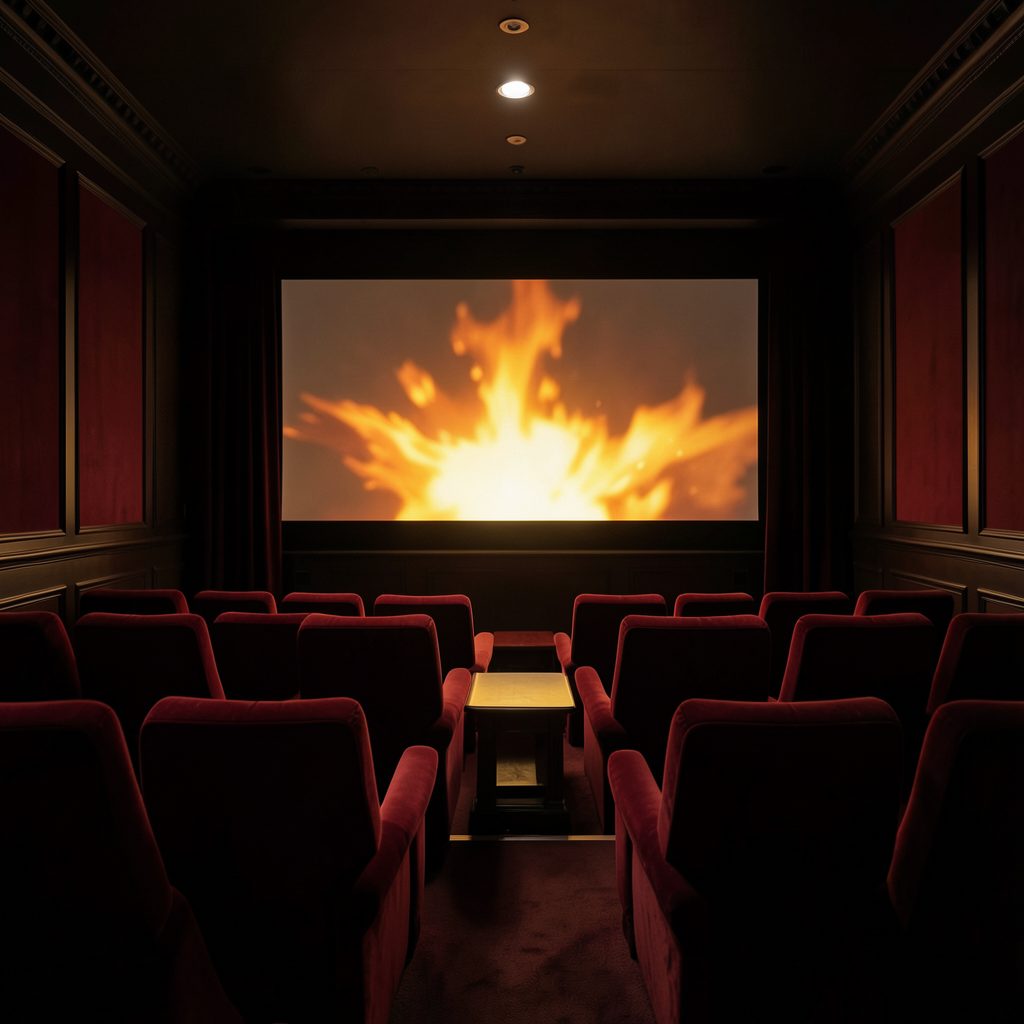 Dark cinema-style interior with red velvet seats and a glowing screen, warm amber and deep crimson tones