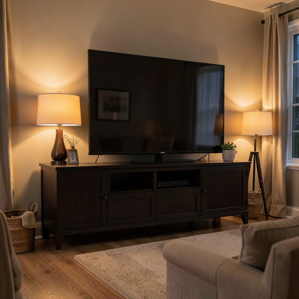 Living room with a large flat-screen TV on a dark media console, warm ambient lighting, cozy evening mood