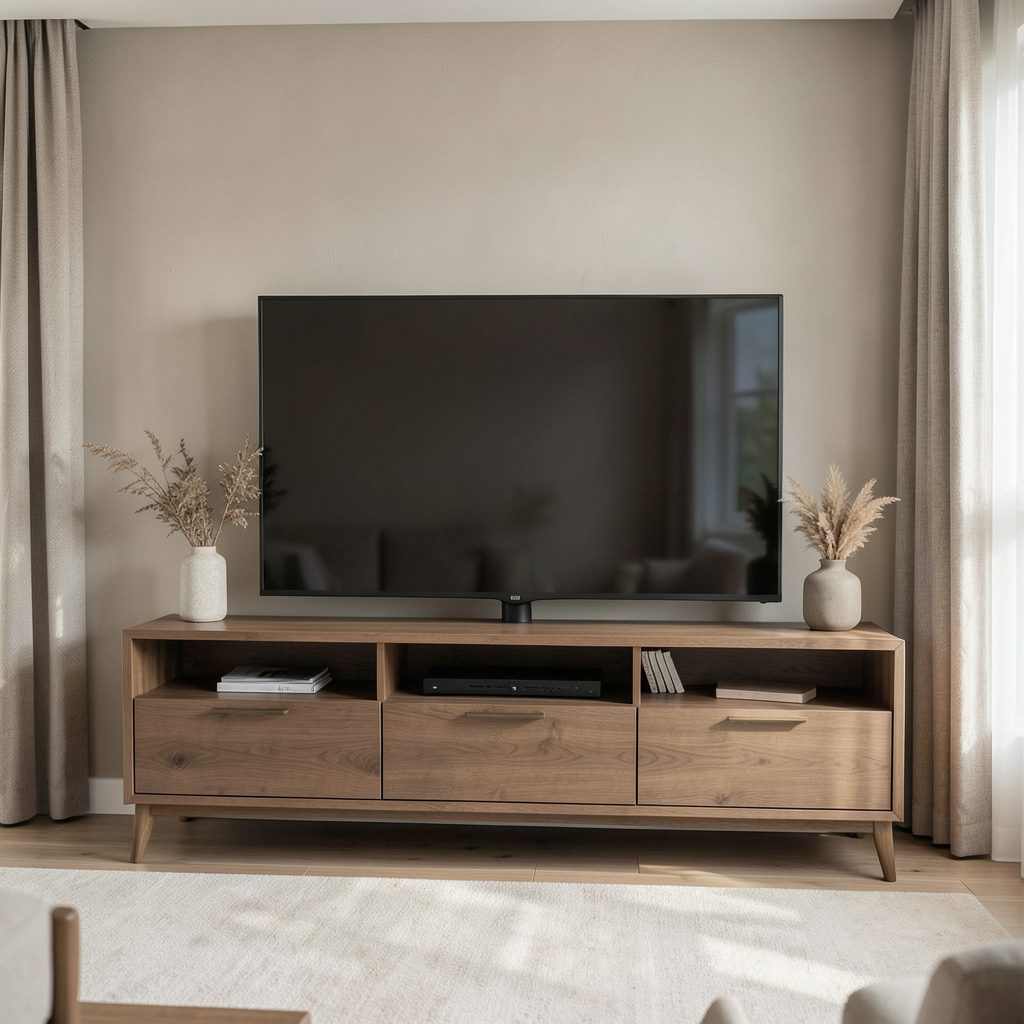 Living room with a large flat-screen TV on a wooden media console, soft neutral beige and brown tones