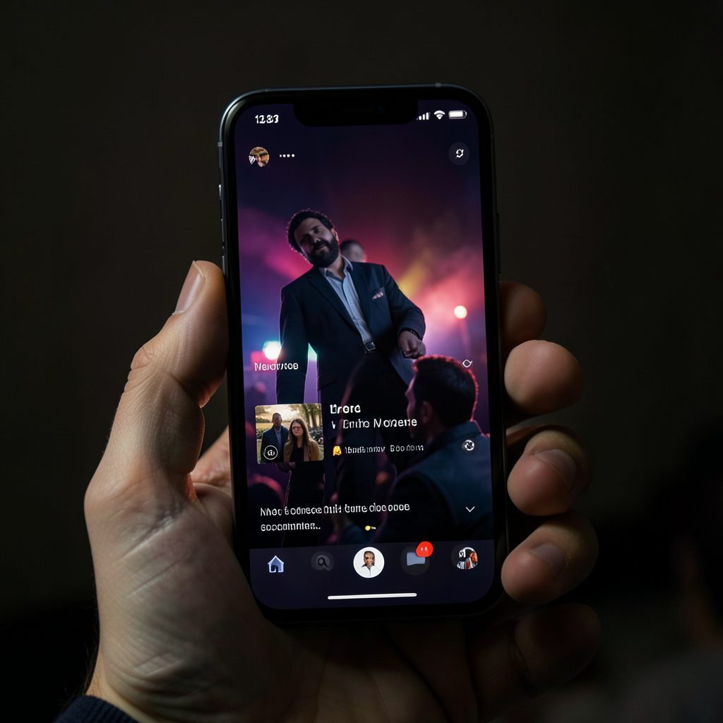 Smartphone held in hand against a dim background, screen showing a video streaming app with rich dark colors