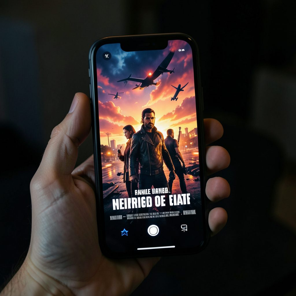 Smartphone held in hand against a dim background, vibrant movie poster colors reflecting on the screen