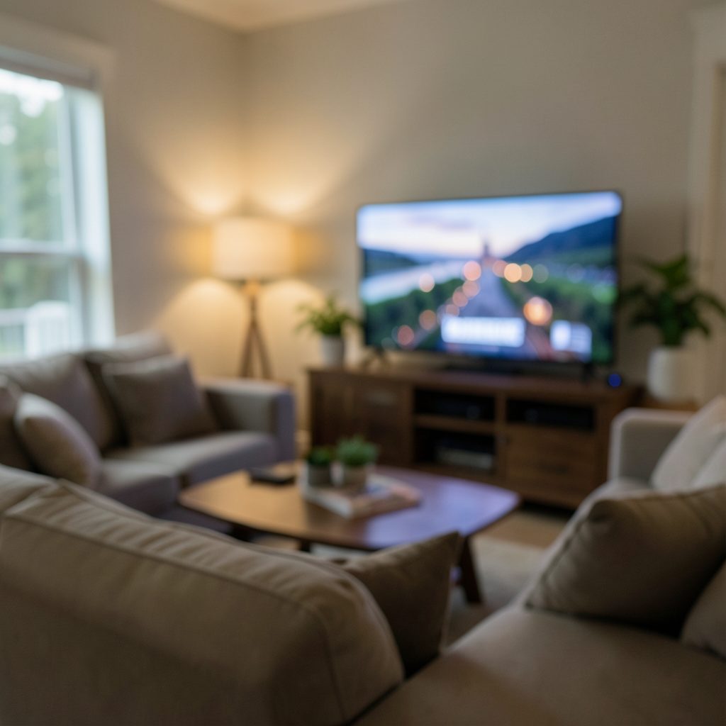 Soft-focus background of a living room with a TV screen casting gentle light, relaxed home entertainment setting