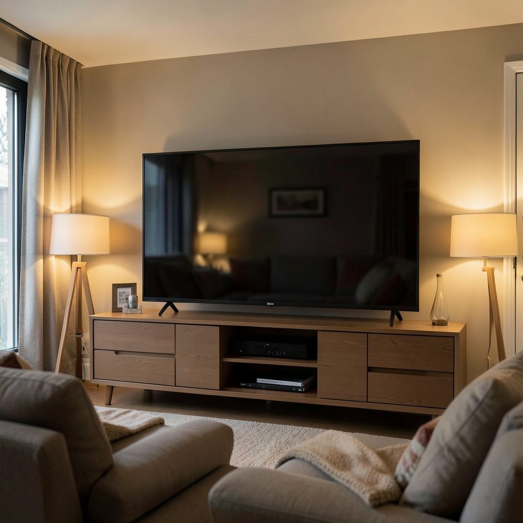 Warm living room scene with a large television screen reflecting soft ambient light, cozy and modern entertainment setting