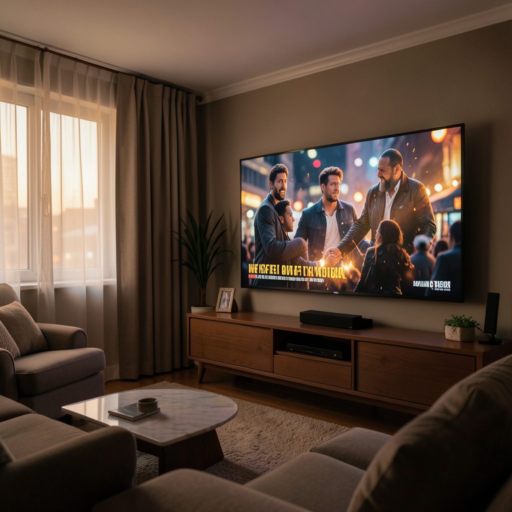 Warm living room with a large television displaying a vibrant film scene, soft evening light through curtains